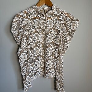Dolan Left Coast Collection Long Sleeve Lace Blouse Tan/White X-Small Sheer